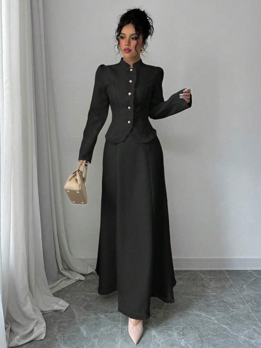 Elevate your fall wardrobe with this stunning 2-piece set that's equal parts chic and fun! The patchwork coat features eye-catching tassel details that add movement and personality, while the coordinating dress underneath offers a polished foundation. Perfect for layering through the season, this dynamic duo transitions seamlessly from casual outings to special occasions. Mix, match, or wear together—either way, you'll turn heads with this fashion-forward ensemble that celebrates bold style and creative fla