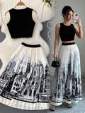 Elevate your wardrobe with this fabulous two-piece ensemble that's equal parts sophisticated and fun. The fitted cropped tank top pairs perfectly with a pleated skirt featuring an eye-catching architecture print that sparks conversation. Whether you're heading to brunch, a gallery opening, or a night out with friends, this set delivers effortless style with a modern twist. The structured pleats add movement and dimension, while the cropped silhouette keeps things fresh and contemporary. Mix, match, or wear 