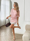 Elevate your spring and summer wardrobe with this sophisticated 2-piece office set. The elegant blouse features a classic round neckline with delicate lace contrast detailing, paired with a chic mini skirt for a polished look. Crafted from premium woven fabric with a comfortable loose fit, this set transitions effortlessly from office to weekend getaways. The blouse combines 96% polyester with 4% elastane for subtle movement, while the 100% polyamide skirt offers durability and a refined drape. 