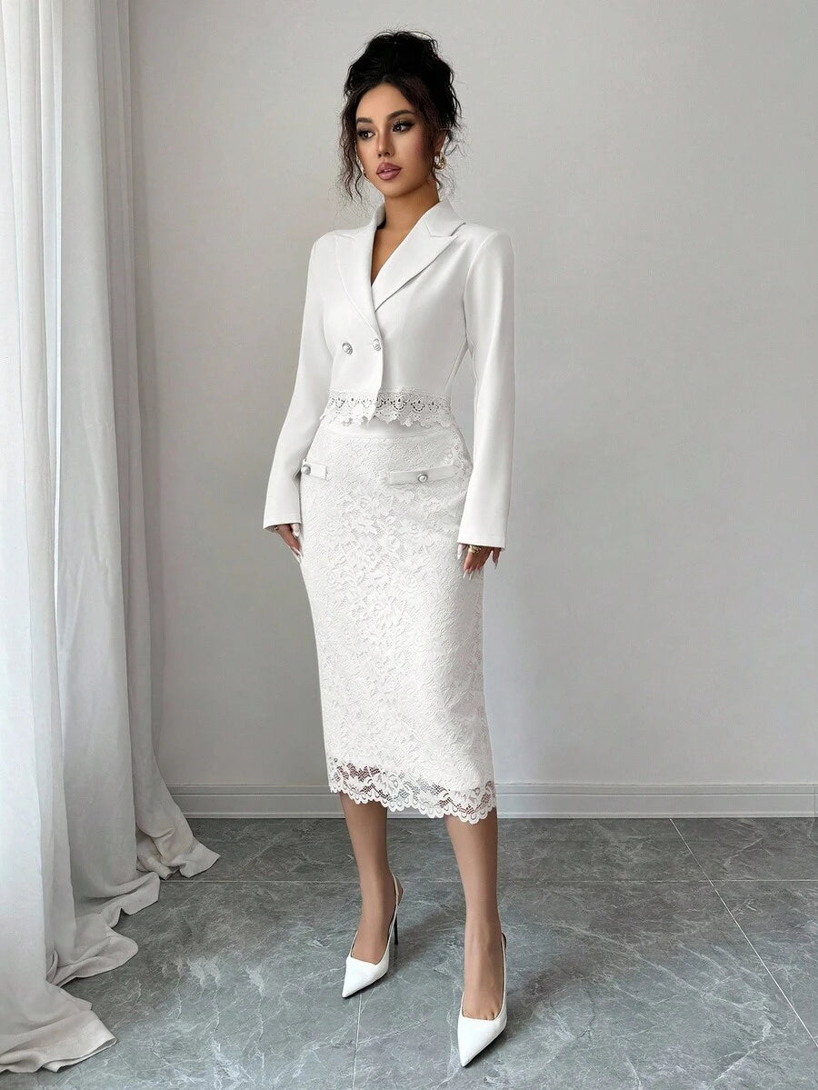 Elevate your autumn wardrobe with this stunning 2-piece suit set that's equal parts sophisticated and fun. Featuring a perfectly tailored jacket and matching trousers, this ensemble showcases eye-catching contrast lace buttons that add a playful twist to classic suiting. The refined silhouette flatters your figure while the unexpected lace details spark conversation and personality. Perfect for everything from office meetings to weekend brunches, this versatile set proves you don't have to choose between po