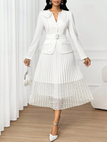 Make a statement at your next special occasion with this stunning two-piece set! The intricately crafted 3D floral jacket adds dimension and drama, while the delicate lace pleated midi skirt brings timeless elegance. Perfect for weddings, parties, and celebrations, this ensemble combines sophisticated details with modern flair. The jacket's textured florals pair beautifully with the skirt's flowing pleats, creating a look that's both refined and unforgettable. Dress it up with heels and jewelry for an insta
