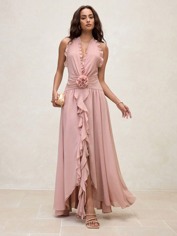 Step into summer with this playful chiffon maxi dress featuring a flirty ruffle halter neck and delicate 3D flower details. Its lightweight fabric flows effortlessly, making it the perfect companion for sunny vacations and breezy beach days. Embrace elegance and fun in one stunning outfit!