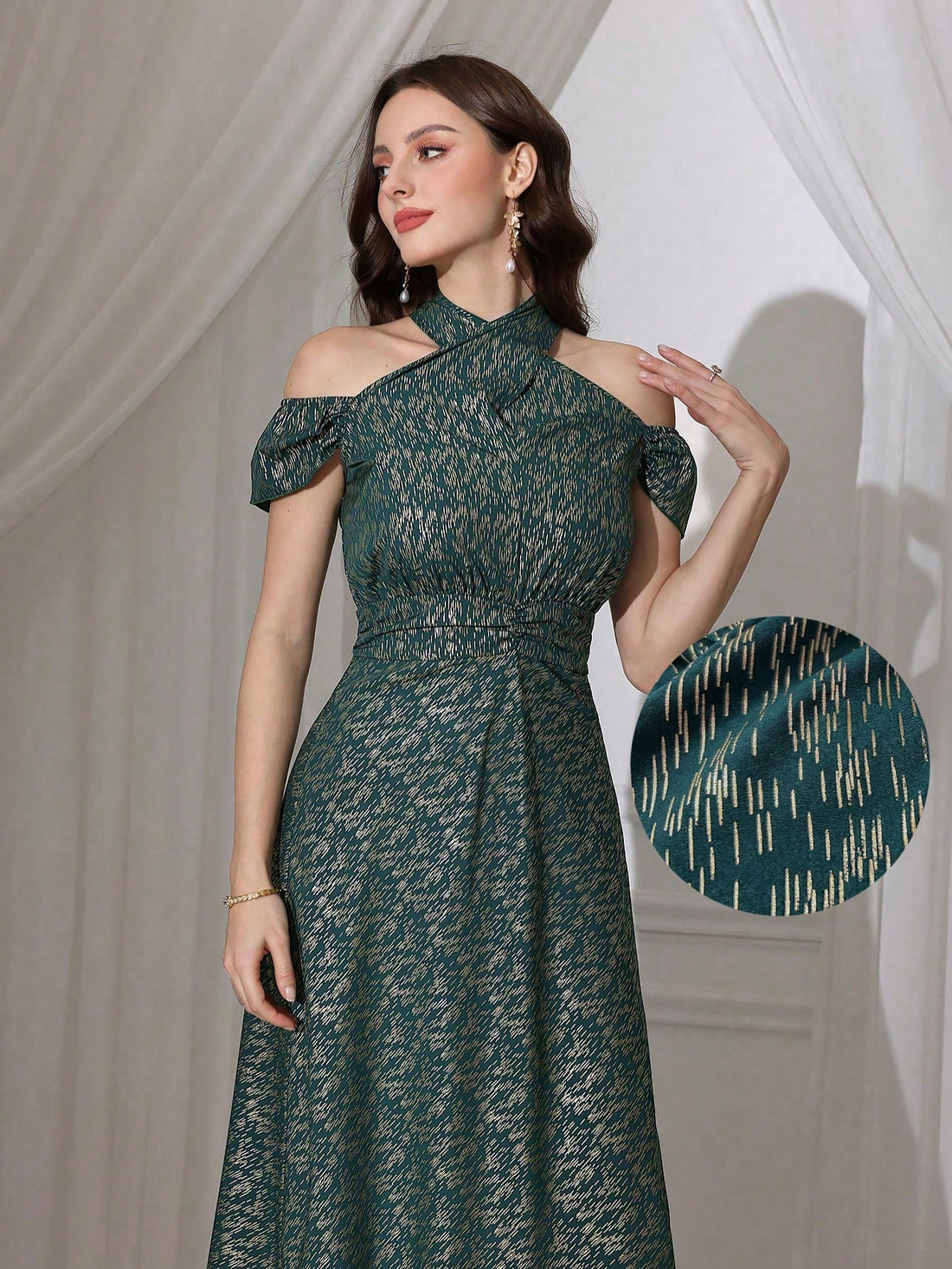 Dress to impress with our Elegant Cinched Waist Gold Foil V-Neck Dress. This stylish dress is perfect for any fashionable occasion, and its cinched waist adds a flattering touch. Rock that gold foil and turn heads with your chic style!