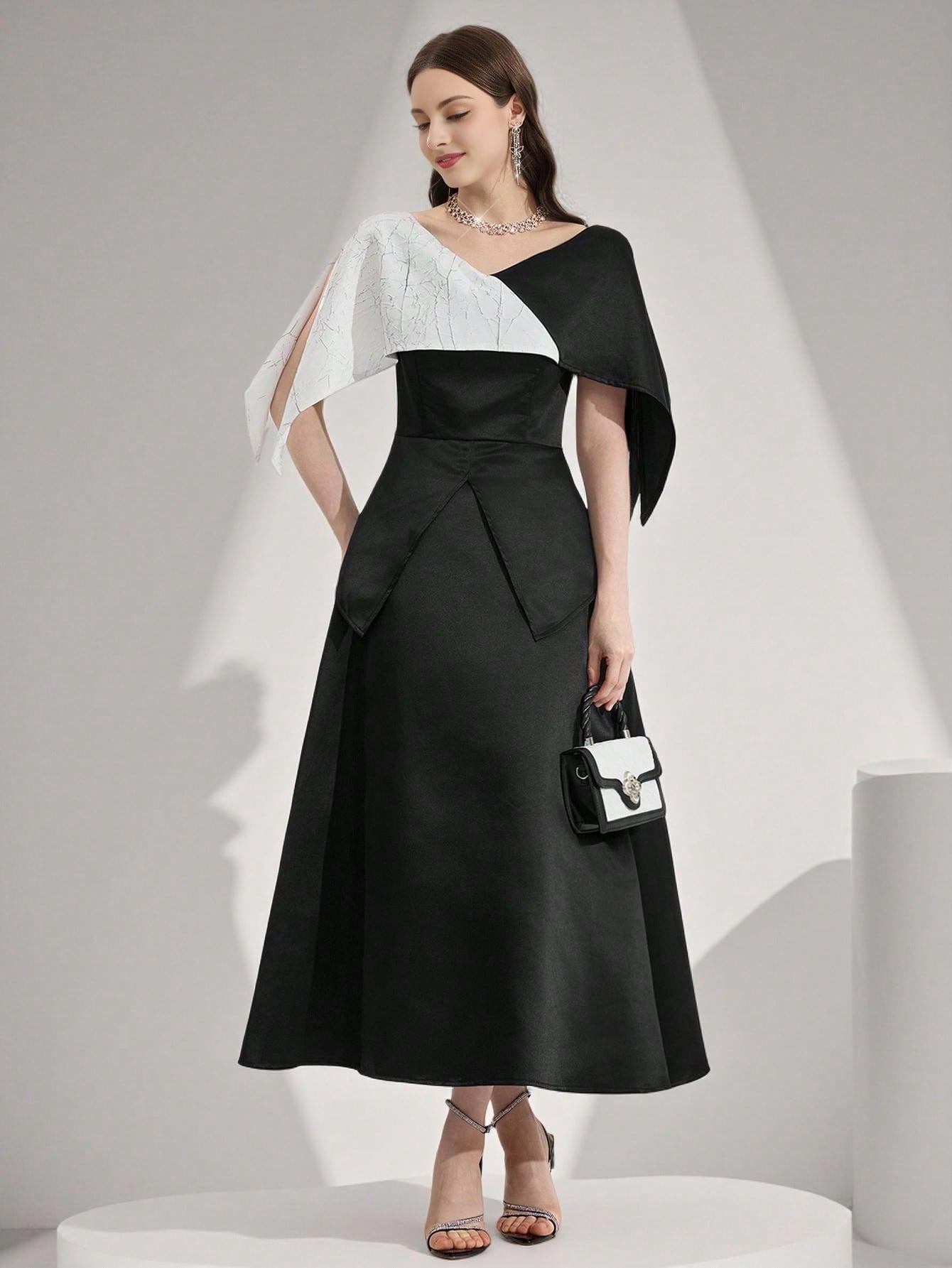 Elegant Womens Color Block Evening Gown Luxurious Black Patchwork Dress for Parties and Prom Elegant Womens Color Block Evening Gown Luxurious Black Patchwork Dress for Parties and Prom