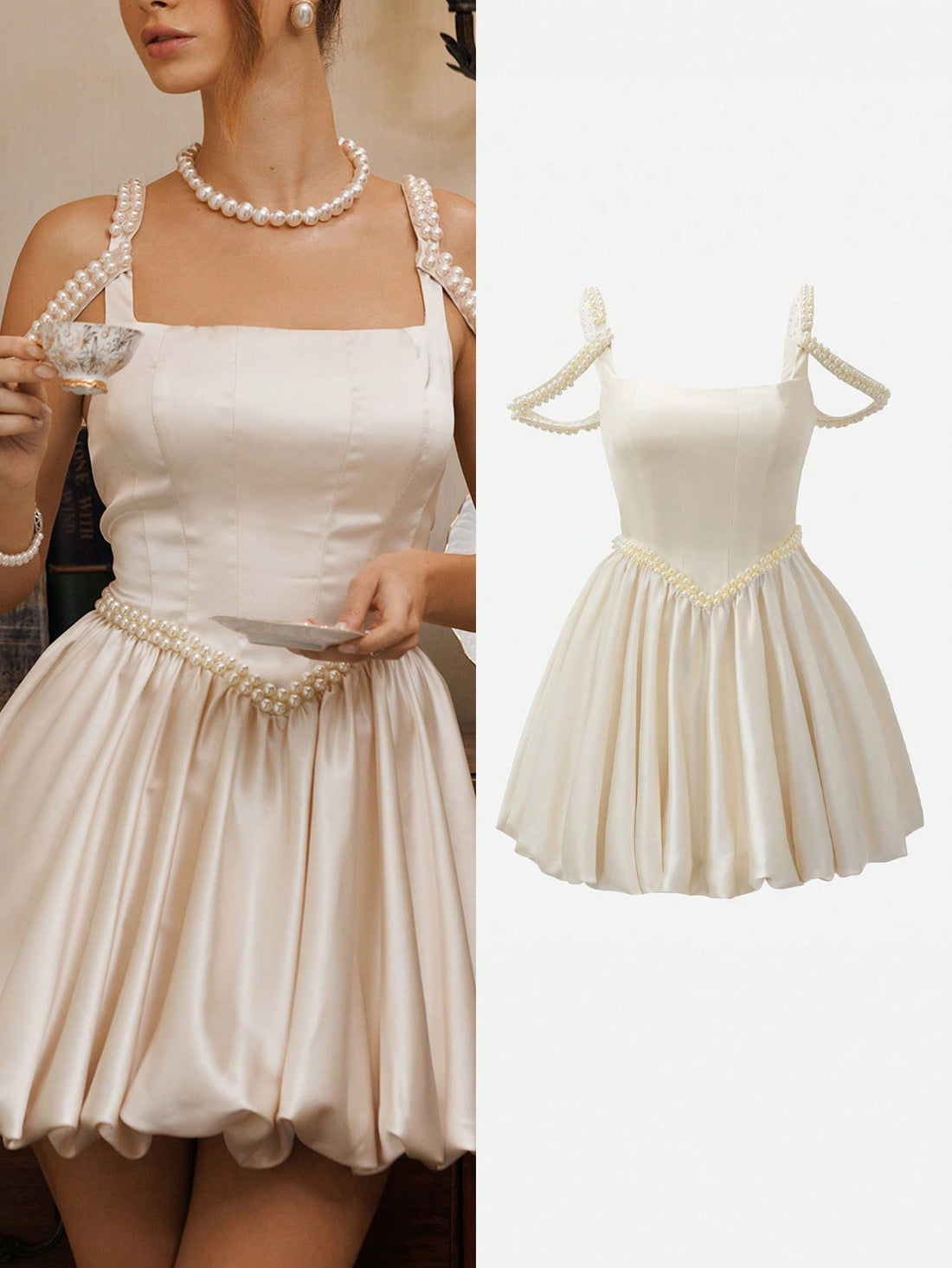 Celebrate in style with this charming two-piece ensemble that's perfect for making a statement at your next special occasion. The cream puff skirt features a flattering waist tie that cinches beautifully, creating an effortlessly elegant silhouette, while the crisp white camisole provides a fresh, timeless contrast. Whether you're attending a birthday bash or a garden party, this dress combination delivers sophisticated charm with a touch of whimsy. The airy puff skirt adds movement and playfulness to every