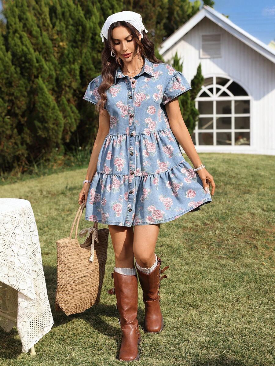 Experience the breathtaking fusion of Americana heritage and sharp, modern architectural tailoring. This stunning rose-printed denim ensemble is meticulously designed for the woman who values a high-fashion, "quiet luxury" approach to casual dressing—the ultimate centerpiece for prestigious garden retreats, exclusive city soirées, and high-authority spring outings.