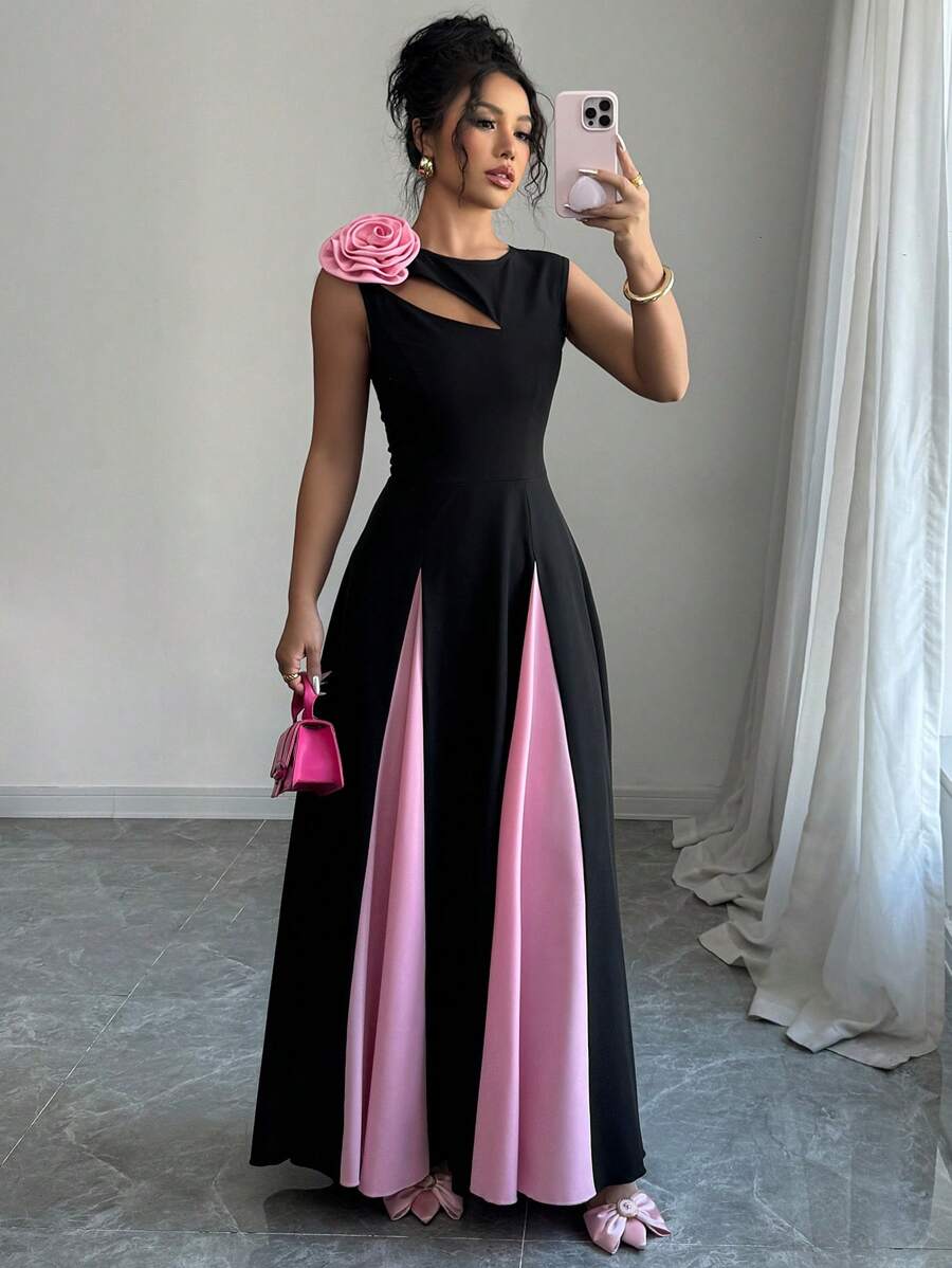 Elevate your wardrobe with this stunning dual-tone cutout floral dress. The high-low hemline creates a flattering silhouette while delicate cutout details add modern sophistication. Vibrant floral patterns blend beautifully across contrasting tones, making it perfect for weddings, date nights, or upscale casual events. The flowing design offers comfort without compromising elegance, ensuring you look polished from day to evening. A versatile piece that transitions seamlessly through any occasion.