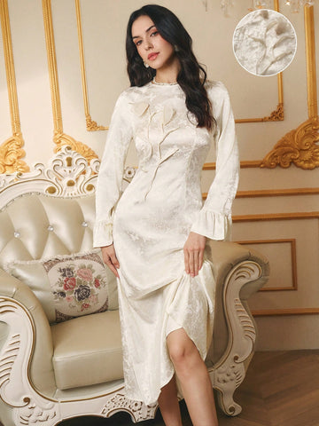 Elevate your celebration style with this stunning fitted dress featuring eye-catching 3D floral embellishments that demand attention. Perfect for Halloween parties, Thanksgiving gatherings, or winter festivities, this elegant piece combines sophisticated tailoring with playful dimensional details. The flattering silhouette hugs your curves beautifully while the intricate florals add a touch of whimsy and charm. Whether you're trick-or-treating in style or dancing through the holiday season, this dress trans