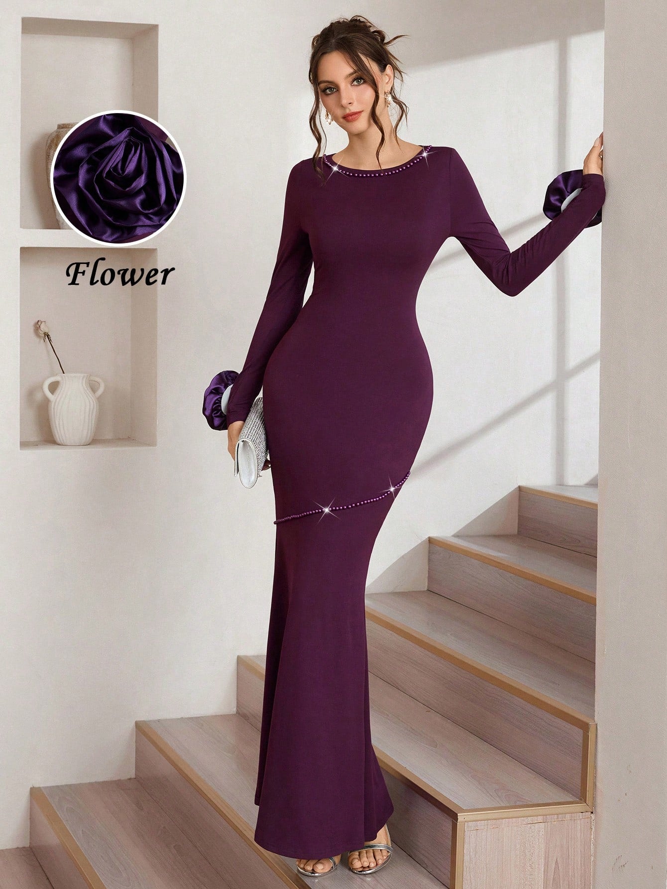 Elevate your autumn-winter wardrobe with this stunning floral embellished dress that's equal parts sophisticated and fun. The graceful boat neckline frames your shoulders beautifully, while the asymmetric hem adds a modern twist that keeps things interesting. Perfect for holiday parties, special dinners, or any gathering where you want to turn heads. The intricate floral details bring just the right amount of sparkle without overwhelming your look. Slip into this dress and feel the confidence that comes wit