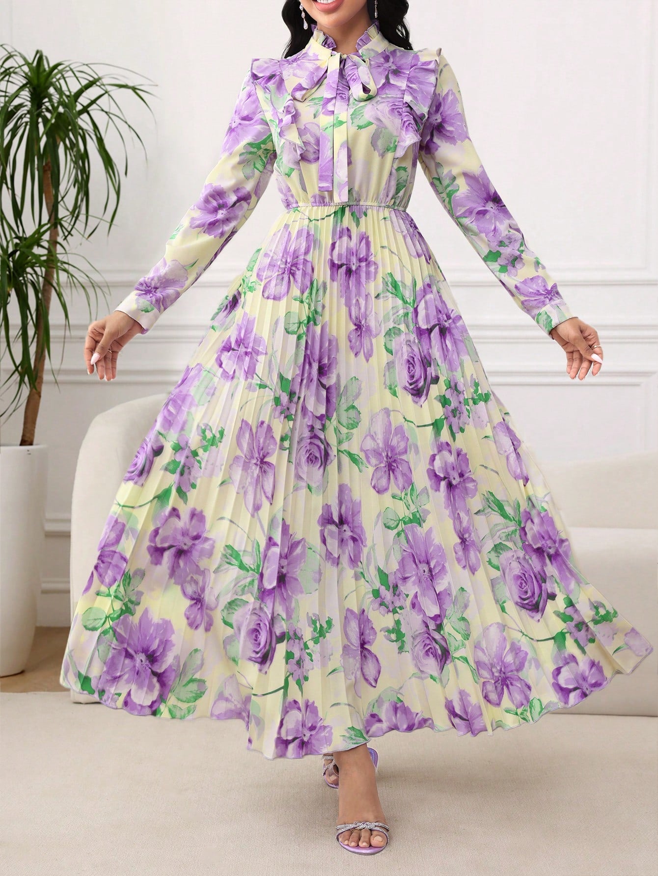 feminine long sleeve dress Women's Among the Wildflowers Beige Multi Floral Print Long Sleeve Maxi Dress | Size: L