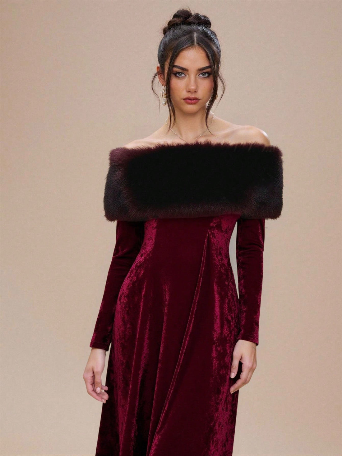 Slip into effortless sophistication with this fuzzy off-shoulder dress that's equal parts cozy and chic. The soft, touchable fabric drapes beautifully across your shoulders, while the mid-length cut strikes the perfect balance between polished and playful. Long sleeves keep you warm without sacrificing that flirty off-shoulder vibe, making it ideal for date nights, casual gatherings, or whenever you want to feel like the best-dressed person in the room. Pair it with your favorite heels or sneakers—this dres