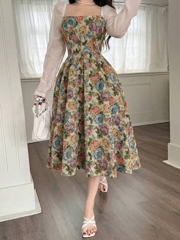 Cream floral tapestry square-neck midi dress with full A-line skirt, front walking view