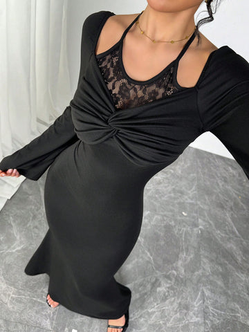 Be the belle of the ball in this elegant lace dress! The crisscross halter neck adds a touch of romance to any occasion. Showcase your curves in this fitted party dress, perfect for those special moments.