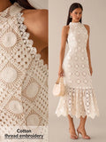 This Elegant Women's Lace Midi Dress with Cinched Waist features intricate floral embroidery and a flattering silhouette to ensure you look stunning at any wedding. The sophisticated high-waist design and delicate lace detailing offer a romantic aesthetic that is perfect for formal garden ceremonies or evening ballroom receptions.