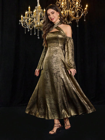 Step out in style with this Elegant Women's Long Glossy Fit and Flare Dress. Featuring a crossover V-neck that beautifully frames your neckline, this dress hugs your curves and flares out for a flattering silhouette. The glossy finish adds a touch of sparkle, making it perfect for dancing the night away or turning heads at any event. Feel confident, chic, and ready to shine!