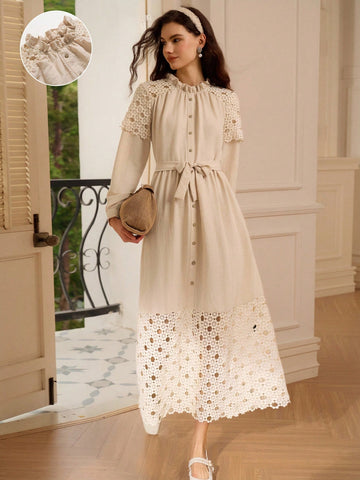 Step into charm with this Elegant Women's Long Sleeve Dress, featuring a flirty ruffled collar and eye-catching contrast lace design. Its long sleeves keep things classy while the delicate lace adds a touch of whimsy, perfect for turning heads at any event. Ready to dance through the day with style and confidence? This dress has got you covered!