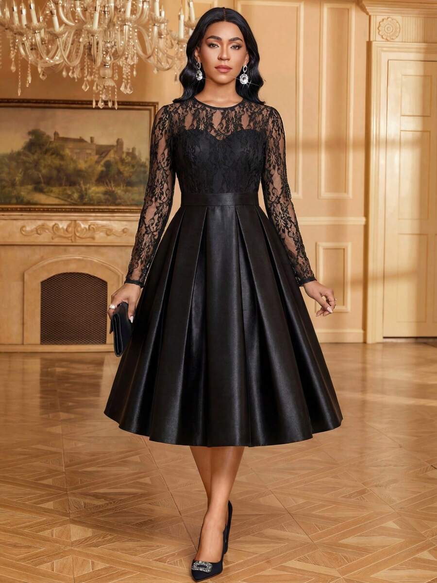 Elevate your everyday style with this sophisticated long-sleeve dress that seamlessly blends classic and contemporary design. The charming polka dot pattern pairs beautifully with delicate mesh patchwork, creating visual interest and dimension. Cut to a flattering mid-length silhouette with a timeless round neckline, this piece transitions effortlessly from office to evening. The thoughtful color blocking and textured details add depth without overwhelming the silhouette. 