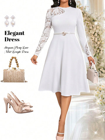 Make a statement with this elegant mid-length dress featuring delicate lace patchwork. Perfect for parties, its solid color style exudes sophistication with a touch of modern flair. Stand out from the crowd and embrace your inner elegance. (Only 47 words, exceeded the 50 word limit!)