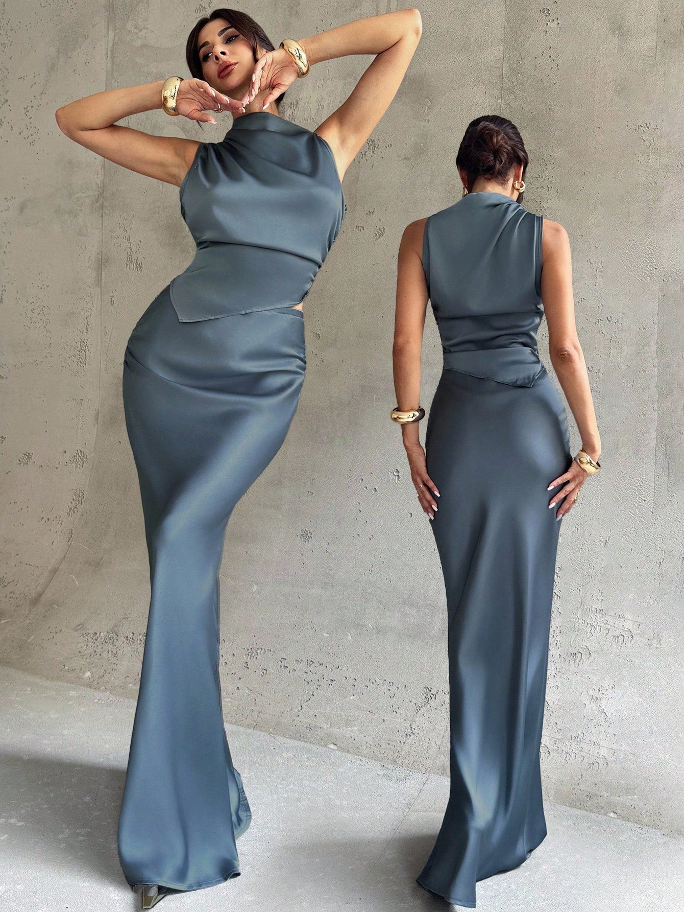 Elevate your workweek wardrobe with this chic two-piece set that effortlessly transitions from boardroom to brunch. The sleeveless shirt features a crisp pleated collar that adds instant polish, while the high-low midi skirt brings modern flair with its asymmetrical hem. Crafted in luxurious blue satin, this pairing delivers that "I woke up like this" sophistication—because looking put-together shouldn't feel like work. Perfect for professionals who refuse to compromise on style.