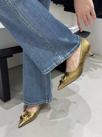 Step into sophistication with these chic pointed-toe loafers that effortlessly blend polish with personality. Featuring a sleek slim heel and eye-catching metal buckle detail, they're the perfect companion for everything from boardroom meetings to weekend brunches. The refined silhouette elongates your leg while the comfortable mid-heel keeps you poised all day long. Whether you're dressing up your favorite trousers or pairing them with a crisp dress, these versatile work shoes deliver that "I've got my lif