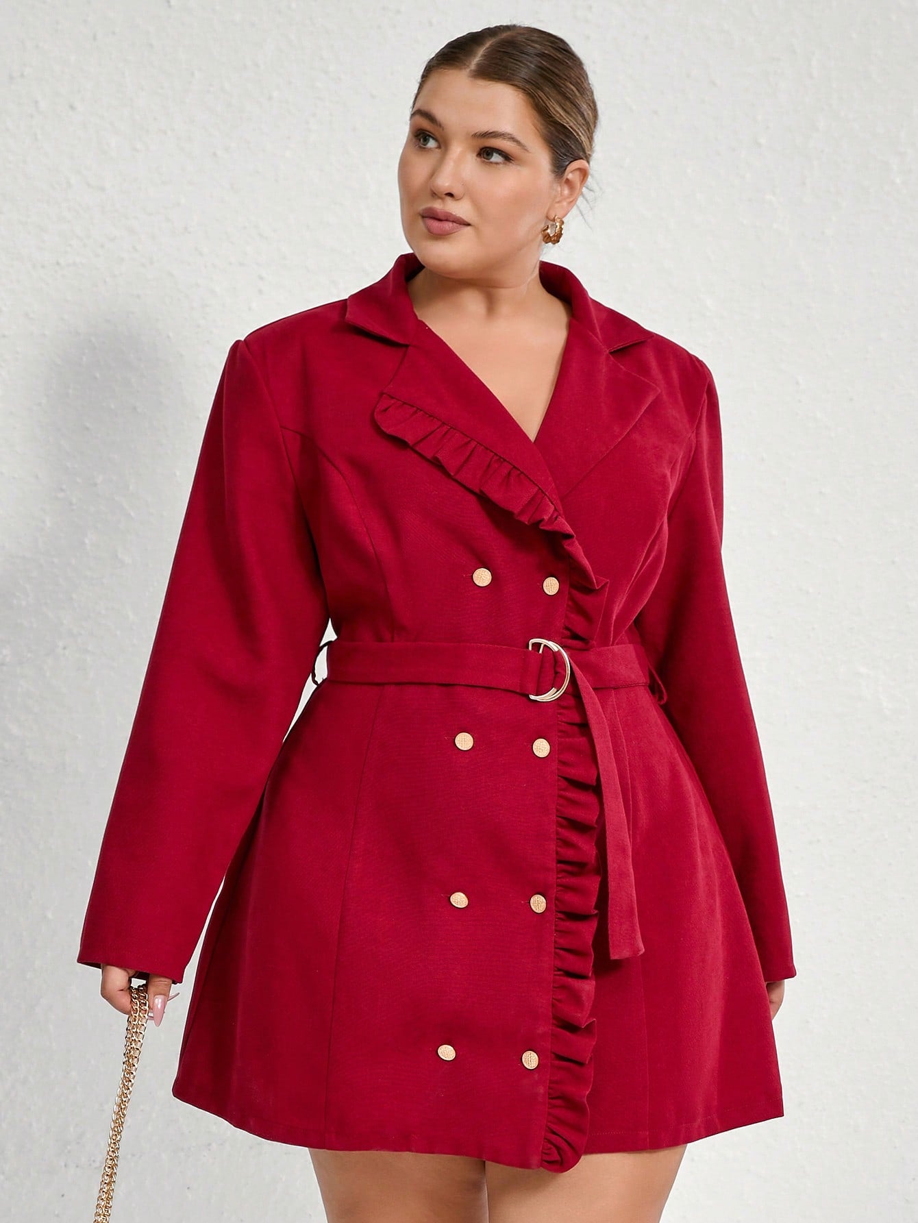 Turn heads at the office with this playful red blazer dress! Featuring a flattering V-neck and charming ruffle details, it combines professional polish with a fun twist. The belted A-line silhouette cinches your waist for a confident, feminine shape that moves with you all day. Perfect for making workdays feel a little more fabulous.