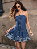 Twirl into your next adventure in this charming denim dress that effortlessly blends casual comfort with sophisticated flair. Delicate floral embroidery adorns the bodice, while playful ruffles add movement and personality to every step. The relaxed fit makes it perfect for weekend outings, coffee dates, or spontaneous explorations. Pair it with sneakers for laid-back vibes or dress it up with heels for an evening out. This versatile piece proves that looking put-together doesn't require any effort at all—j