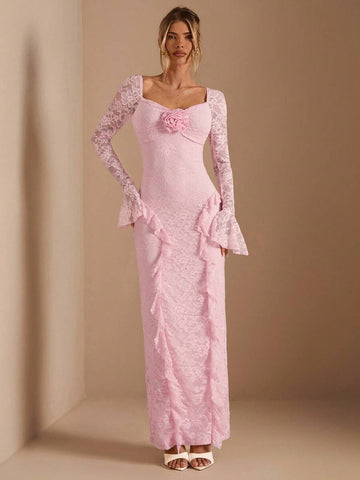 Elevate your evening wardrobe with this sophisticated black maxi dress, featuring elegant ruffled details and a flattering sweetheart neckline. The slim-fit bodycon silhouette with flare sleeves and high-waist pencil hem creates a refined, feminine look perfect for formal occasions, dates, and celebrations. Crafted from a luxurious knitted fabric blend of 94% polyamide and 6% elastane with a lined interior, this dress offers medium stretch comfort and durability. The split detail adds modern edge to the cla