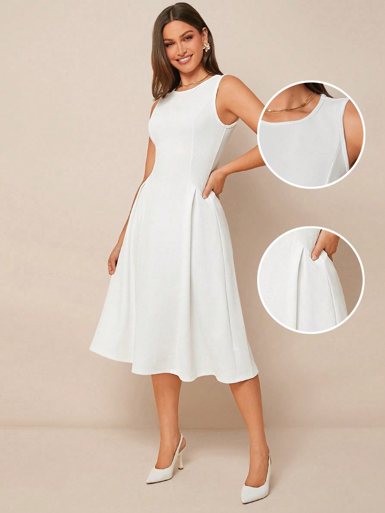 Turn heads effortlessly in this elegant sleeveless dress, featuring a chic round neck and a flirty split hem that adds just the right amount of flair. Whether you’re shining at graduation, owning the business casual look, or dancing the night away, this dress adapts to your vibe with playful sophistication. Comfortable and stylish, it’s your go-to for those moments when you want to feel fabulous without trying too hard.