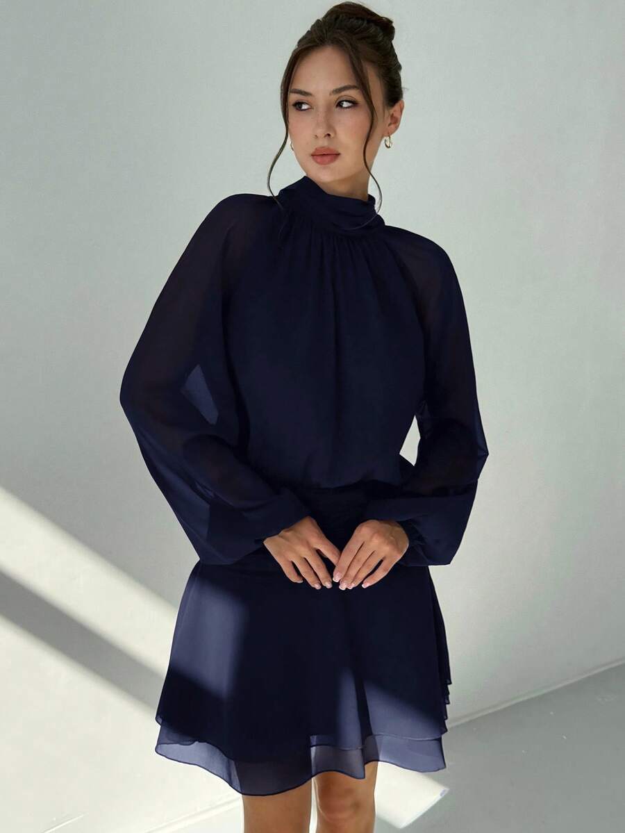 slim fit dress slacks Black Long-Sleeved Cotton Fitted Mini Dress Puff Shoulders Thumbholes –  Midnight All Year main image 1