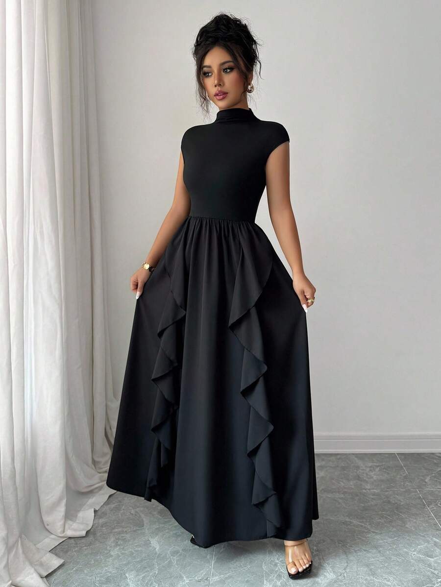 Elevate your everyday style with this charming dress that's equal parts sophisticated and fun. The crisp stand collar and voluminous puff sleeves add a touch of whimsy, while the solid color keeps things effortlessly chic. A delicate ruffle hem brings movement and personality to every step. Perfect for brunch dates, office outings, or whenever you want to feel polished without trying too hard. This versatile piece transitions seamlessly from day to night, making it a wardrobe essential that works as hard as