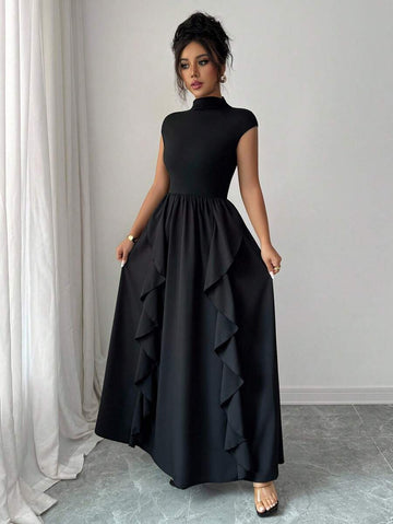 Elevate your everyday style with this charming dress that's equal parts sophisticated and fun. The crisp stand collar and voluminous puff sleeves add a touch of whimsy, while the solid color keeps things effortlessly chic. A delicate ruffle hem brings movement and personality to every step. Perfect for brunch dates, office outings, or whenever you want to feel polished without trying too hard. This versatile piece transitions seamlessly from day to night, making it a wardrobe essential that works as hard as