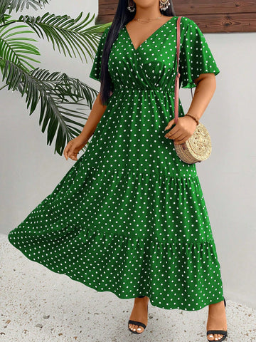 Add some playful polka dots to your summer wardrobe with this stunning V-neck dress! The elegant ruffles and short sleeves add a touch of whimsy to this plus size outfit, perfect for Christmas or any occasion. Stay chic and comfortable with this stylish maxi dress.