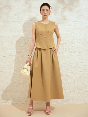 Effortlessly chic meets summer vibes with this gorgeous two-piece set! The soft tan blouse pairs perfectly with its matching skirt, creating an instantly polished look that works for everything from brunch dates to casual outings. The relaxed fit keeps you comfortable while the neutral tone plays well with your entire wardrobe. Whether you're dressing it up with accessories or keeping it laid-back, this set is your new go-to for looking put-together without trying too hard. Simple, stylish, and oh-so-wearab