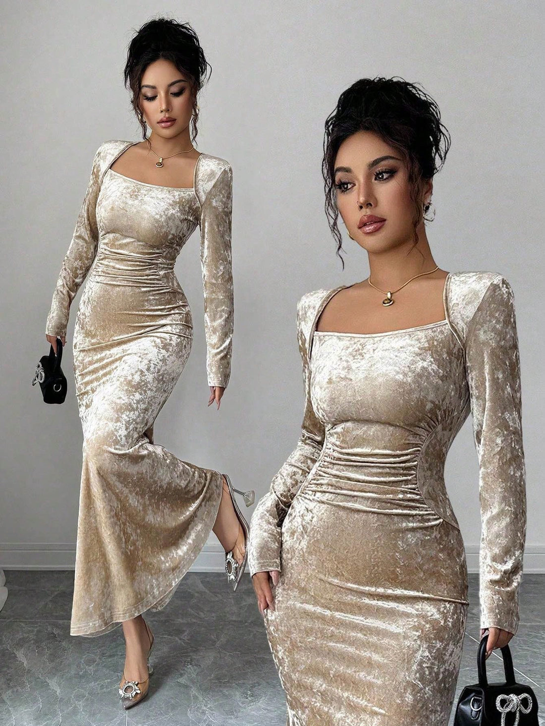 Slip into pure sophistication with this stunning velvet bodycon dress that hugs you in all the right ways. The luxe turtleneck keeps things cozy while the mermaid hem adds a flirty, dramatic flair that'll turn heads. Perfect for autumn and winter evenings when you want to feel absolutely fabulous—whether you're heading to a special event or just treating yourself to something extra special. Velvet's rich texture catches the light beautifully, making you the star of any room. This is the dress that says "I'v