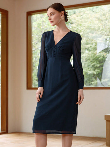 Elevate your wardrobe with our Elegant V-Neck Midi Dress. Featuring a delicate chiffon splicing and ruched details, this dress exudes sophistication and charm. Complete with a belted waist and long sleeves, it's perfect for any occasion. Make a statement with this must-have piece!