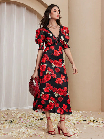 Capture timeless style in this elegant women's V-neck lace patchwork long dress. Perfect for any occasion, its intricate lace detailing adds a touch of sophistication while the V-neckline flatters your figure. Make a statement in this versatile dress that exudes both class and charm.