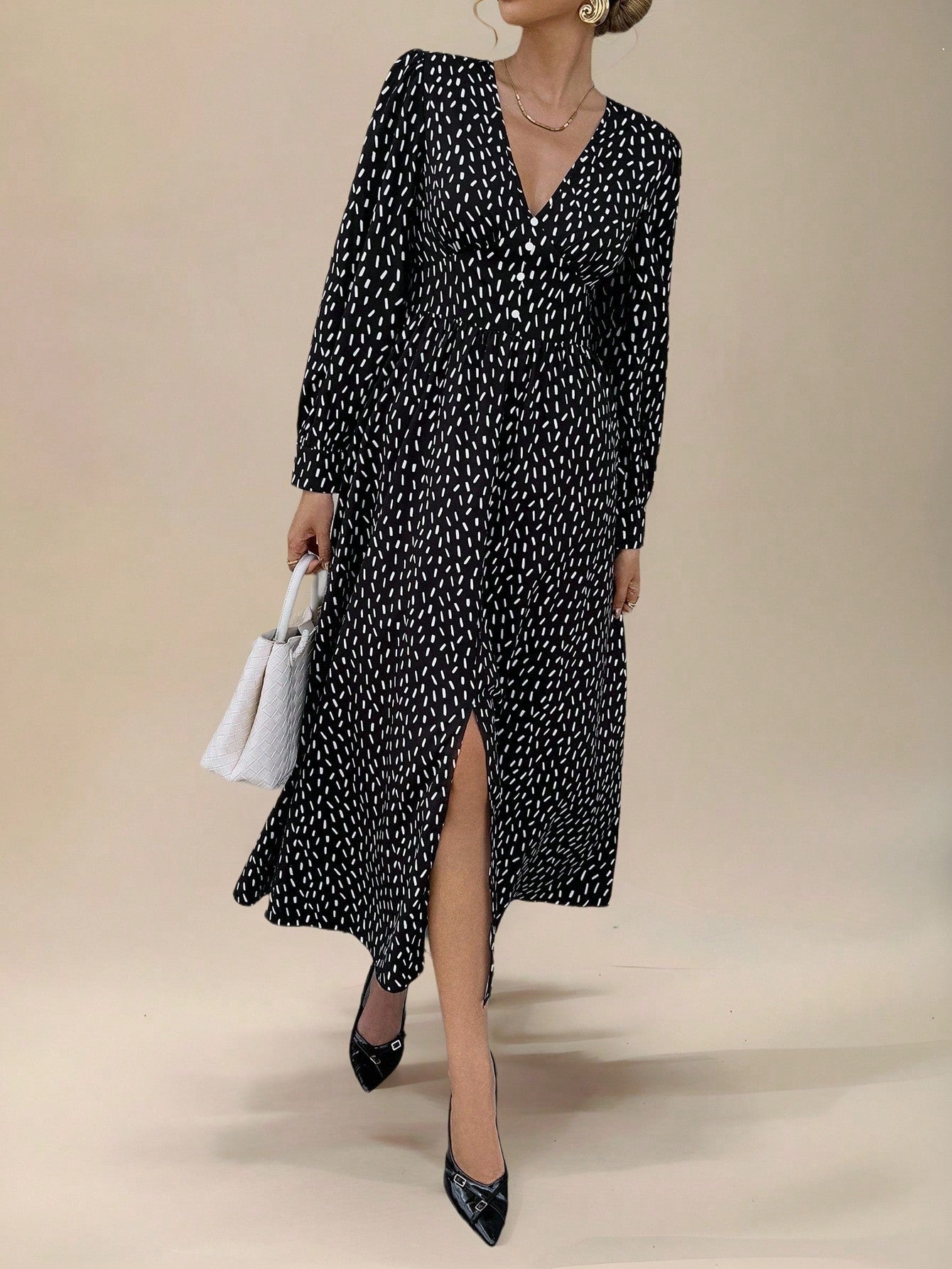 Elevate your autumn wardrobe with this chic V-neck dress that's equal parts sophisticated and fun! The long sleeves and button-front design create effortless elegance, while the flattering neckline works beautifully for everything from casual coffee dates to dinner out. Versatile enough to dress up or down, this fall essential pairs perfectly with boots, sneakers, or heels. A timeless piece that'll have you reaching for it season after season.