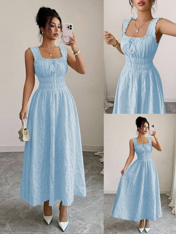 Twirl into elegance with this charming floral dress that's equal parts romantic and effortlessly wearable. The delicate woven texture adds visual interest while spaghetti straps keep things light and breezy. A sweet bowknot detail at the bodice brings personality to the piece, while the flattering A-line silhouette works beautifully for any occasion—from brunch dates to garden parties. Slip it on and let the florals do the talking!