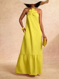 Radiate summer elegance in this stunning yellow A-line dress, featuring intricate 3D floral appliqués that add dimension and visual interest. The halter neckline and backless design create a sophisticated silhouette, while the ruffled hem and flounce hemline provide playful movement. Crafted from 100% polyester woven fabric with a semi-sheer finish, this sleeveless dress offers a flattering slim fit with a low waistline. Perfect for summer festivals, weddings, beach vacations, and special celebrations, it t