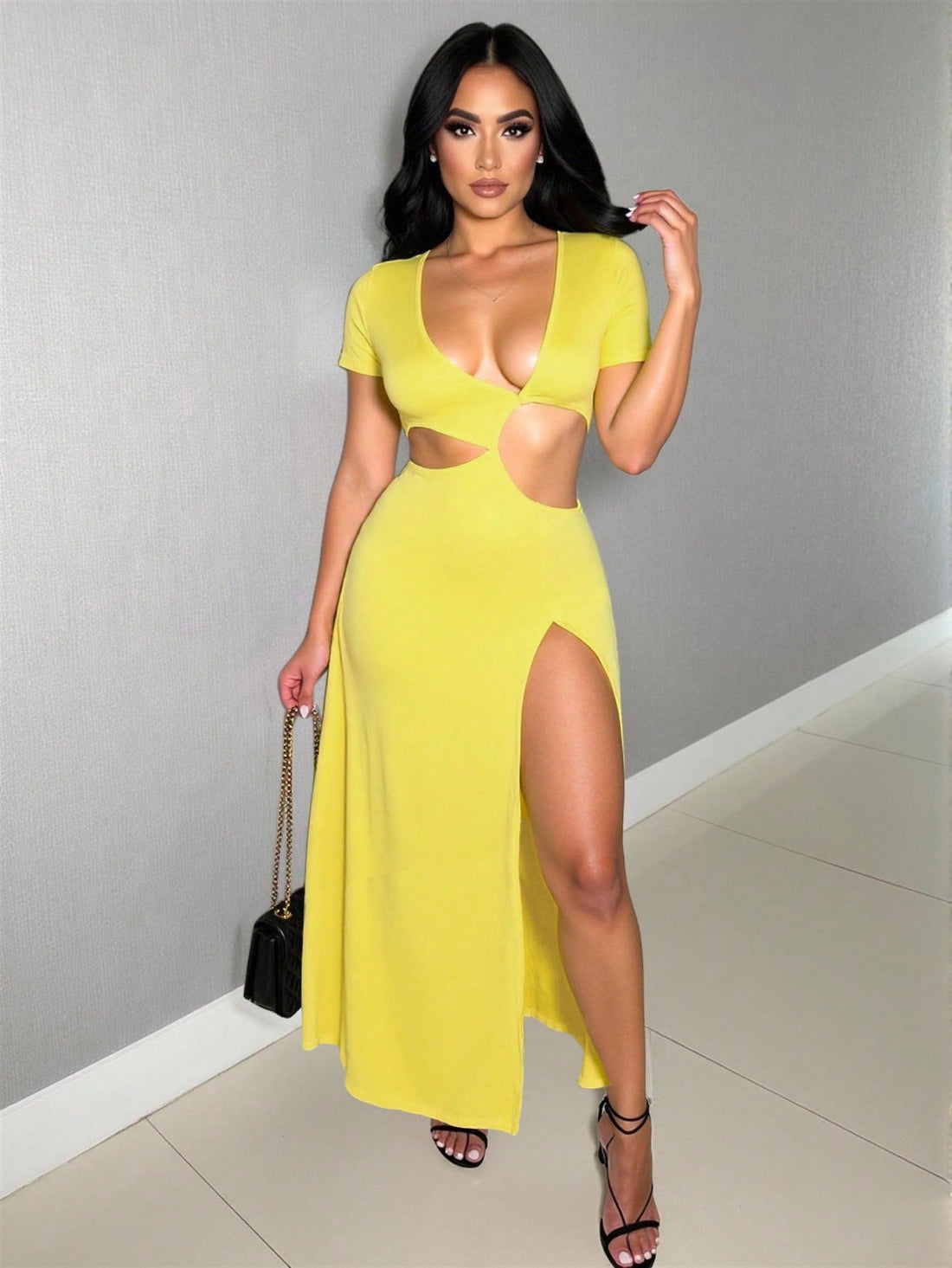 Turn heads at your next celebration in this stunning yellow bodycon dress. The daring plunging neckline and thigh-high slit create an irresistibly bold silhouette that demands attention. Crafted for those who love to make a statement, this dress hugs your curves in all the right ways while keeping things fun and flirty. Perfect for festivals, parties, and nights out where you want to feel confident and fabulous. Slip it on and let your inner glamour shine.