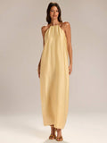 Yellow halter satin maxi dress view 2