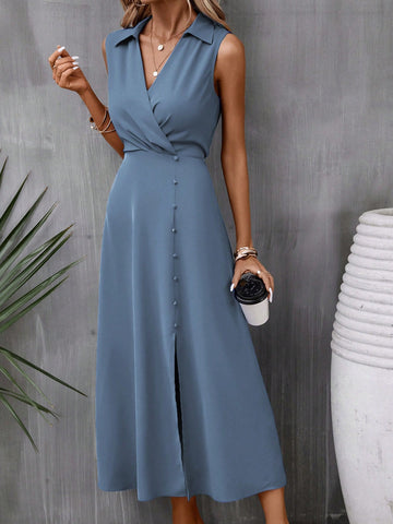 Effortlessly elevate your style with our Elegant and Effortless: Ladies Solid Color Sleeveless Split Dress. Featuring a chic split design and sophisticated solid color, this dress will make a statement at any event. Its sleeveless design adds a touch of elegance, making it the perfect choice for any occasion.