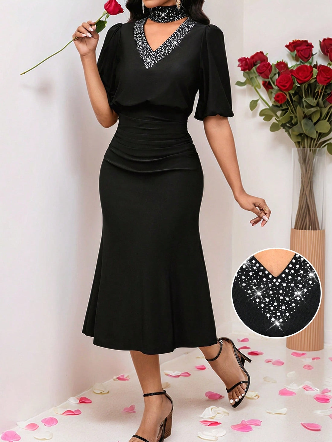 Twirl into the spotlight with this head-turning dress that's equal parts sass and class! The diamond accents catch the light (and everyone's attention) while the flirty fishtail hem adds that perfect swish to your step. Whether you're dancing at a wedding or making an entrance at your bestie's birthday bash, this dress promises to be your partner in crime for creating unforgettable moments. Warning: compliments will be abundant!