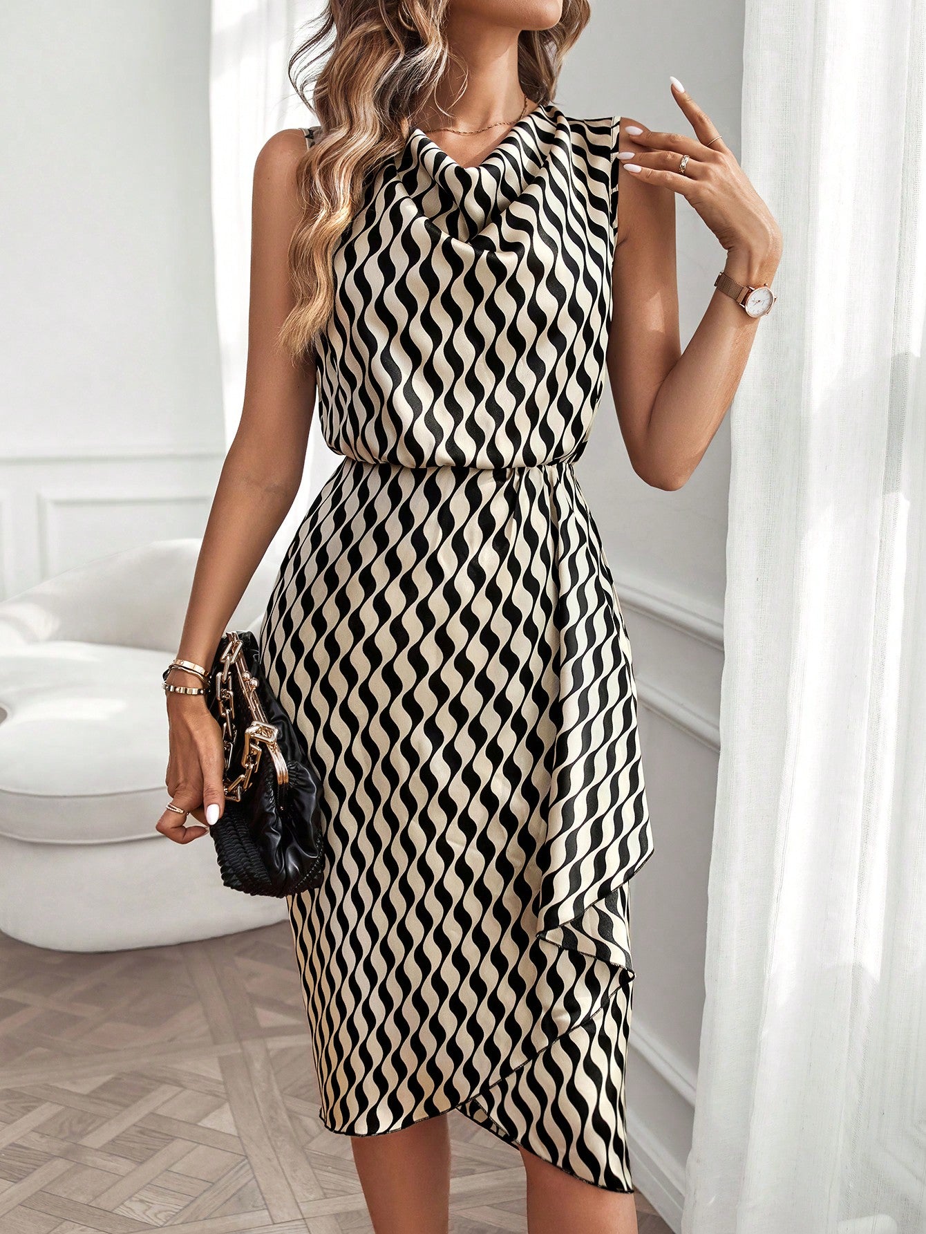 Elegantly Crafted Print Draped Front Asymmetrical Hem Dress – Canary Houze