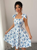 Embrace effortless summer elegance with this charming ditsy floral dress. The fitted bodice features delicate shoulder ties that add a playful touch, while the cinched waist creates a flattering silhouette that skims the body beautifully. The flared skirt provides comfortable movement and a timeless fit-and-flare shape perfect for casual outings or holiday gatherings. Crafted for a slim, streamlined look, this dress combines sophistication with relaxed style.&nbsp;

