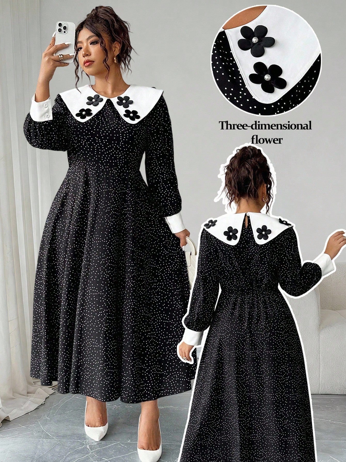 Make a statement at your next outdoor celebration in this charming navy polka dot A-line dress! The playful white dots dance across a sophisticated navy base, while contrast sleeves add an unexpected twist that keeps things fun and flirty. Designed with plus-size curves in mind, the A-line silhouette flatters your figure and moves beautifully as you celebrate life's special moments. Whether you're attending a garden party, bridal shower, or outdoor wedding, this dress brings together timeless elegance with 