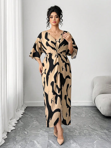 Make a statement in this fabulous Elenzga plus-size dress that's all about celebrating your unique style! The vibrant allover print catches every eye, while the V-neckline and flowing batwing sleeves create an effortlessly chic vibe. A playful twist at the waist adds dimension and keeps things interesting. Whether you're heading to brunch, a night out, or just want to feel amazing in your everyday, this elegant dress delivers comfort without compromising on pizzazz. Because looking good should always feel t
