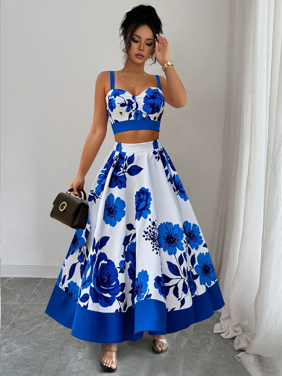 Turn heads on your next getaway with this charming two-piece set! The sleeveless crop top features a delicate floral print that pairs perfectly with the coordinating skirt, creating an effortlessly chic vacation look. Whether you're exploring tropical destinations or enjoying a weekend escape, this set delivers style and comfort in one package. The lightweight fabric keeps you cool while the elegant design works for everything from beachside brunches to evening strolls. Pack it, wear it, love it—your vacati