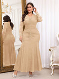 Step out in style with this playful plus size evening dress featuring a flattering V-neck and charming contrast lace details. The ruched bodice enhances your curves while the fishtail hem adds a flirty flair, perfect for dancing the night away. Designed to celebrate your elegance with a fun twist, this dress promises to keep you comfortable and effortlessly stunning at any special occasion.