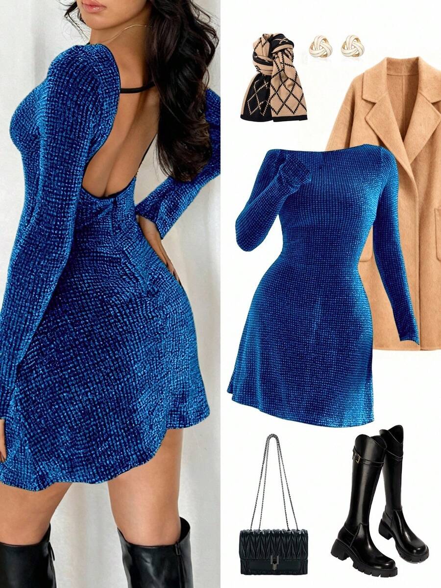 Step into the spotlight this holiday season with our stunning metallic textured backless long sleeve dress. This show-stopping piece features shimmering fabric that catches the light with every move, paired with a daring backless design that adds instant glamour and sophistication. The long sleeves provide elegant coverage while the open back creates a bold, modern silhouette perfect for Christmas parties and festive celebrations. Whether you're dancing the night away or making a grand entrance, this dress 